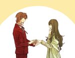  1girl asaki_(aaassa) bad_id bad_pixiv_id brown_hair closed_eyes couple dress fate/zero fate_(series) hands hetero husband_and_wife jacket jewelry long_hair neck_ribbon putting_on_jewelry ribbon ring shawl short_hair simple_background smile toosaka_aoi toosaka_tokiomi wedding_band 