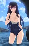  bare_shoulders black_hair blue_eyes breasts cloud collarbone competition_swimsuit covering covering_one_breast day hair_ornament highres looking_at_viewer nipples one-piece_swimsuit original rock sky small_breasts solo swimsuit swimsuit_pull wacchi wading water 