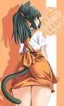  animal_ears anna_miller apron ass blush breasts cat_ears cat_tail green_hair hips impossible_clothes impossible_clothing impossible_shirt large_breasts long_hair looking_back milk_(tongpoo) milk_(tonpuu) original ponytail shirt smile tail tonpuu waitress yellow_eyes 