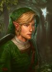  blonde_hair blue_eyes copyright_name forest green hat jewelry leaf link nature navi outdoors personification pointy_ears realistic shield shiny shiny_skin short_hair signature smile the_legend_of_zelda the_legend_of_zelda:_ocarina_of_time toguza tree tunic upper_body 