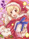  axis_powers_hetalia blonde_hair brown_eyes christmas christmas_outfit costume dog finland_(hetalia) flag gift hanatamago happy male male_focus santa_costume solo 