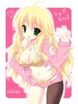  ahoge bad_id bad_pixiv_id blonde_hair bra breasts character_name cleavage copyright_name emily_(pure_dream) fishnet_pantyhose fishnets green_eyes hand_on_hip hoshii_miki idolmaster idolmaster_(classic) jacket lingerie long_hair medium_breasts midriff navel open_mouth pantyhose pink_diamond_765 underwear v w 