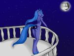  absurd_res anthro anthrofied avante92 balcony blue blue_fur blue_hair blue_theme breasts butt cutie_mark equine female friendship_is_magic full_moon fur hair half-closed_eyes hi_res hooves horn looking_at_viewer mammal mare_in_the_moon moon my_little_pony night nude outside princess_luna_(mlp) pussy side_boob solo stars winged_unicorn wings 