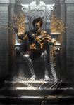  1boy chair dark_persona highres male male_focus prince_(sands_of_time) prince_of_persia sand sitting solo stairs throne ubisoft weapon 