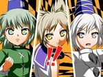  3girls all-out_attack dress green_dress green_eyes green_hair grey_eyes grey_hair grin hat headphones honda_takaharu japanese_clothes kariginu light_brown_hair mononobe_no_futo multiple_girls open_mouth persona persona_4 ribbon shirt short_hair sleeveless sleeveless_shirt smile soga_no_tojiko tate_eboshi touhou toyosatomimi_no_miko yellow_eyes 