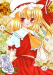 ascot bad_id bad_pixiv_id blonde_hair blush erisa flandre_scarlet flower hat open_mouth red_eyes ribbon short_hair side_ponytail skirt smile solo touhou traditional_media wings 