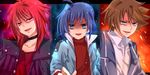  aura blue_hair brown_hair cardfight!!_vanguard choker glow glowing glowing_eyes kai_toshiki male male_focus red_hair sendou_aichi suzugamori_ren zaneri 