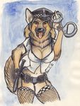  baton canine clothed clothing cute dog female fishnet german_shepherd handcuffs hat looking_at_viewer mammal police police_hat police_officer police_uniform shackles shiverz skimpy solo tonfa tongue tongue_out uniform 