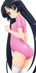  absurdres ass black_hair blush covered_nipples elizabetta flat_chest from_behind fushigiboshi_no_futago_hime green_eyes highres leotard long_hair looking_back pink_leotard solo sugimura_tomokazu thighhighs very_long_hair 