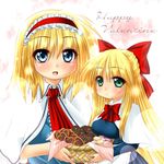  alice_margatroid basket blonde_hair blue_eyes bow capelet chocolate dress frills green_eyes hair_ribbon hairband happy_valentine kagura_chitose long_hair multiple_girls ribbon shanghai_doll short_hair touhou valentine 