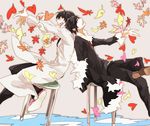  bad_id bad_pixiv_id black_hair closed_eyes durarara!! glasses happy kishitani_shinra labcoat leaf multiple_boys necktie open_mouth orihara_izaya outstretched_arms petals short_hair smile spread_arms yone_(kaguudou) 