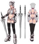  armor bad_id bad_pixiv_id black_legwear boots breasts collar gloves helmet kusagami_style large_breasts multiple_views original simple_background sword thighhighs weapon white_background 