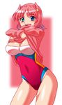  aqua_eyes clothes_lift multicolored_hair one-piece_swimsuit original pink_hair short_hair solo sweater sweater_lift swimsuit two-tone_hair yonecchi 