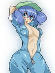  arms_behind_head bad_id bad_pixiv_id blue_eyes blue_hair blush breasts gomibuta_kuzutarou hair_bobbles hair_ornament hat jumpsuit kawashiro_nitori medium_breasts midriff navel no_bra open_mouth pocket sleeves_rolled_up solo touhou two_side_up unzipped 