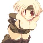  bent_over blonde_hair boots breasts brown_eyes cleavage elbow_gloves gloves large_breasts miniskirt original sakaki_(noi-gren) short_hair simple_background skirt solo thighs white_background 