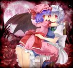  bat bat_wings blue_dress blue_hair bow braid chair chocolate chocolate_heart dress flower full_moon hair_ribbon hat hat_ribbon heart highres hug izayoi_sakuya maid maid_headdress moon mouth_hold multiple_girls pink_dress red_eyes red_flower red_rose remilia_scarlet ribbon rose sakura_ran sash silk silver_hair sitting sitting_on_lap sitting_on_person spider_web touhou twin_braids wings 