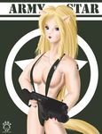  blonde_hair breasts cat_ears cat_nose cat_tail catgirl clothed clothing dog_tags feline female gun hair human jeff_block looking_at_viewer mammal ranged_weapon rifle skimpy solo suspenders tail unconvincing_armor weapon 