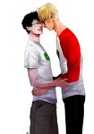  2boys black_hair blonde_hair dave_strider eyes_closed glasses happy homestuck john_egbert kidkyan male short_hair sunglasses yaoi 