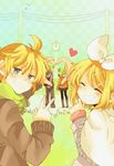  2boys 2girls blonde_hair boots bow bows brother_and_sister clock family female genderswap green_hair gumi gumiya gumo heart kagamine_len kagamine_rin male multiple_boys multiple_girls noki_(potekoro) outdooors outdoors quartet scarf short_hair siblings sisters twins vocaloid 