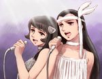  70s ashita_no_joe black_hair brown_eyes brown_hair choker flapper_girl hair_ornament hayashi_noriko lafolie long_hair microphone multiple_girls music oldschool open_mouth shiraki_youko singing 