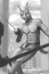  anthro bulge caracal clothed clothing feline fencer fencing gladiator greyscale kemono male mammal melee_weapon monochrome nipples rapier solo sword topless underwear vide weapon 
