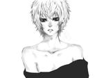 bangs bare_shoulders black_eyes earrings jewelry looking_at_viewer lowres monochrome open_clothes open_mouth open_shirt original shirt short_hair standing teeth yaoilollipop7 
