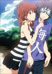  1girl ano_natsu_de_matteru bare_shoulders brown_eyes brown_hair clothes_writing cloud day finger_to_mouth glasses kinoshita_kaori kirishima_kaito mizuki_makoto short_hair sky striped 