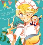  :q animal atlus bear birthday blonde_hair blue_eyes blush bowl chef cream dual_persona eyes_closed food hat kuma kuma_(persona_4) male male_focus persona persona_4 silverware solo tongue tongue_out wink zipper 