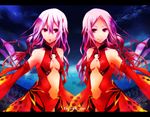 bangs bare_shoulders center_opening copyright_name cosplay detached_sleeves guilty_crown hair_ornament hairclip kurehas letterboxed lips long_hair low_twintails multiple_girls navel ouma_mana parted_bangs pink_hair red_eyes twintails yuzuriha_inori yuzuriha_inori_(cosplay) 