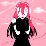  arm_warmers armband bare_shoulders cable cloud covering_eyes covering_face flat_color headphones high_contrast ktsis last_song_(vocaloid) long_hair megurine_luka monochrome musical_note open_mouth pink pink_background pink_hair solo vocaloid white_skin 