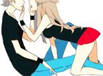  blue_(pokemon) brown_hair leaf_(pokemon) lowres pokemon red_(pokemon) skirt tribute wristband 