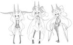  absurdres commentary detached_sleeves elbow_gloves english_commentary eu03 fur_trim glasses gloves greyscale highres horns kneehighs long_hair mole monochrome multiple_girls original sketch thighhighs tsunoko very_long_hair 