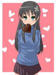  black_hair brown_hair chocolate chocolate_heart flower green_eyes hair_flower hair_ornament heart long_hair mouth_hold nurie ribbed_sweater saten_ruiko skirt smile solo sweater to_aru_majutsu_no_index 