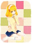  blonde_hair cardigan hairband kise_yayoi kneehighs long_hair nanairogaoka_middle_school_uniform precure riku_manoue school_uniform short_hair sitting skirt smile_precure! solo wariza white_hairband yellow_eyes 