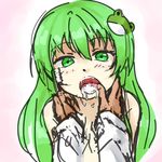  bare_shoulders frog_hair_ornament green_eyes green_hair hair_ornament hands kochiya_sanae long_hair pas_(paxiti) pov sexually_suggestive solo_focus suggestive_fluid toothbrush toothpaste touhou 
