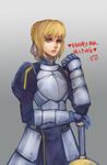  ahoge armor armored_dress artoria_pendragon_(all) blonde_hair blue_eyes dress excalibur fate/stay_night fate_(series) gauntlets hair_ribbon hand_on_hilt highres lips ribbon saber shevan solo sword weapon 