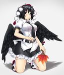  belt black_hair black_wings blush breasts covered_nipples fan geta hat hauchiwa highres hips kneeling leaf looking_at_viewer low_wings medium_breasts necktie panties panty_pull parted_lips pom_pom_(clothes) red_eyes satou_samu shameimaru_aya short_hair simple_background skirt solo tokin_hat touhou underwear white_background white_panties wings 