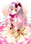  blush bows chocolate female gloves gray_hair hair_bow hair_clip hair_ornament headband heart idolmaster long_hair looking_at_viewer pink_eyes shijou_takane smile solo valentines 