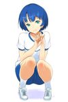  ano_natsu_de_matteru aqua_eyes bad_id bad_pixiv_id blue_hair gym_shorts kick-to-rip knees shirt shorts simple_background socks solo squatting t-shirt tanigawa_kanna 