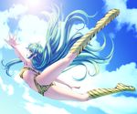  animal_print armpits bikini blue_eyes boots cloud day falling green_hair horns knee_boots long_hair long_legs looking_back lum midair navel oni outstretched_arms outstretched_hand pointy_ears rezi sky solo strapless sun swimsuit tiger_print urusei_yatsura 