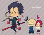  2boys ahoge anger_vein bad_id bad_pixiv_id black_hair blonde_hair chibi dual_wielding fate/zero fate_(series) flower gae_buidhe gae_dearg heart heart_eyes holding kayneth_el-melloi_archibald lancer_(fate/zero) laphy multiple_boys polearm red_hair sola-ui_nuada-re_sophia-ri spear weapon 