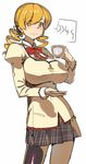  blonde_hair breasts cup drill_hair hair_ornament large_breasts mahou_shoujo_madoka_magica okiyasusi pantyhose ribbon school_uniform simple_background skirt solo teacup tomoe_mami twin_drills twintails yellow_eyes 