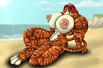  anthro beach biceps big_breasts big_muscles breasts feline female hair huge_breasts hyper hyper_muscles mammal muscles muscular_female nipples nude pose red_hair sand seaside solo stripes tail tiger water 