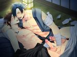  2boys abs alcohol bandage blue_hair brown_hair caressing_testicles censored cum cum_on_body ejaculation erection eyes_closed handjob izumi_nekotsuki japanese_clothes jewelry lying male male_focus multiple_boys muscle necklace nipples open_clothes penis pointless_censoring pubic_hair sake saliva sweat testicles tongue undressing yaoi 