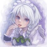  :p ascot blue_eyes braid bukimi_isan face hand_to_own_mouth head_tilt highres izayoi_sakuya looking_at_viewer maid maid_headdress solo tongue tongue_out touhou twin_braids upper_body white_hair wristband 