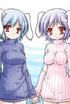  akou_roushi animal_ears blue_hair blush bottomless breasts bunny_ears holding_hands interlocked_fingers looking_at_viewer medium_breasts multiple_girls naked_sweater no_pants purple_hair red_eyes reisen ribbed_sweater short_hair smile sweater touhou 