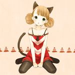  animal_ears bad_id bad_pixiv_id black_legwear brown_hair cat_ears cat_tail double_bun dress green_eyes mizutamako open_mouth original pantyhose short_hair sitting solo tail wariza 