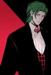  alternate_costume alternate_hairstyle bad_id bad_pixiv_id banned_artist broad_shoulders chikage_(kinokodou) cravat formal genderswap genderswap_(ftm) green_hair kazami_yuuka male_focus parted_lips profile red_eyes simple_background smirk solo suit touhou 