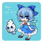  1girl blue_background blue_eyes blue_hair bow chibi cirno crossover food fruit hair_bow hat lowres peach pixiv_manga_sample pokemon saliva short_hair simple_background takamura touhou vanillite 