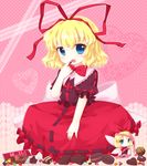  bad_id bad_pixiv_id blonde_hair blue_eyes bow chocolate cookie doll finger_to_mouth food hair_bow hair_ribbon highres matsuri_(powq) medicine_melancholy open_mouth ribbon short_hair skirt smile solo su-san touhou wings 